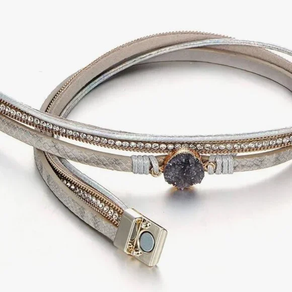 Leather Wrap Bracelets Multi-Layer Crystal Beads Cuff Bracelet Jewelry - AGATE - Picture 4 of 7